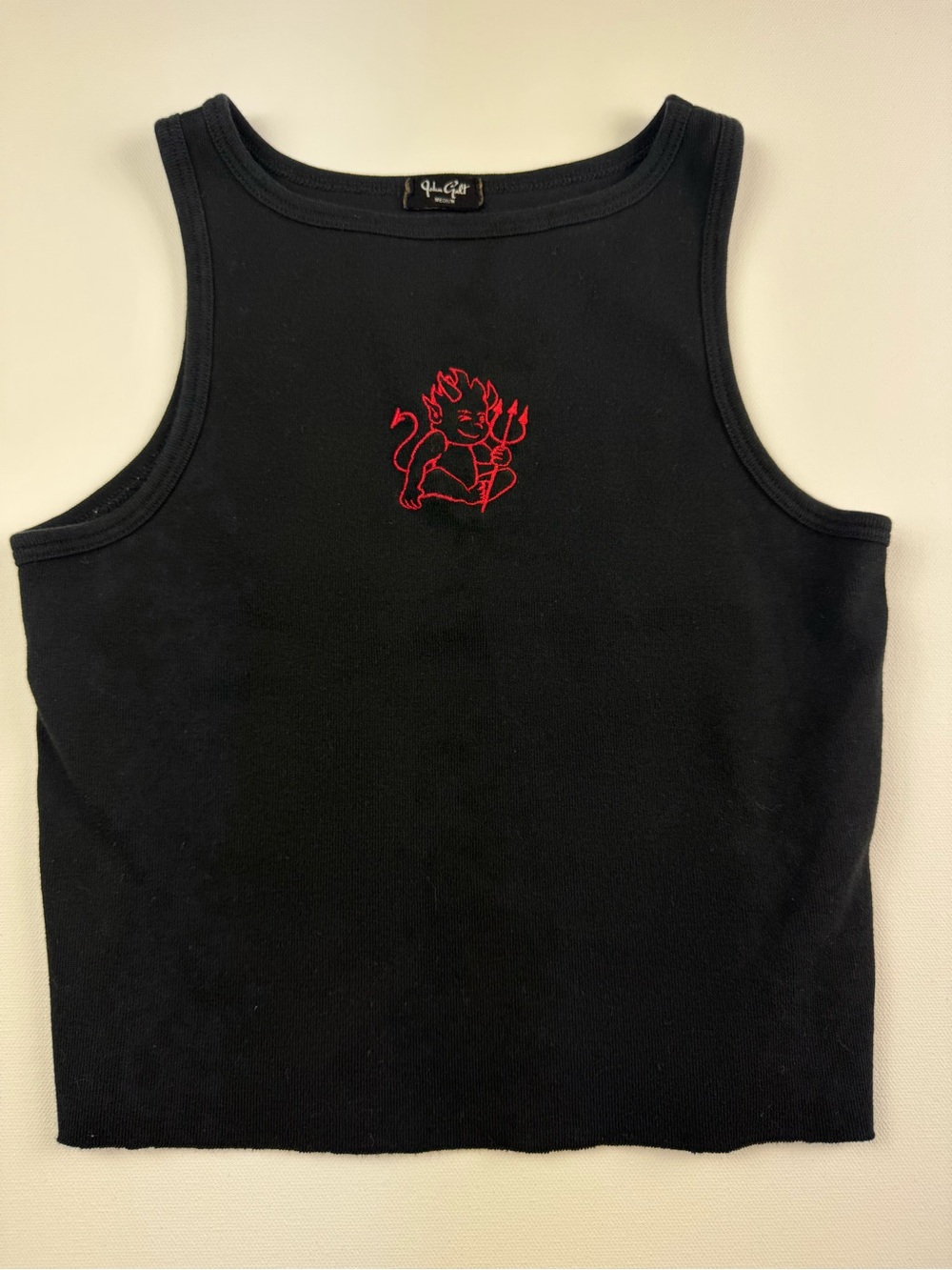 John Galt Red Black Devil Cropped Tank Top Baby Tee Ribbed Y2K Grunge Goth M - Picture 1 of 5
